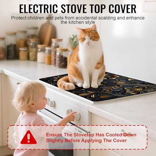 Image of NYZE Stove Cover for Electric and Glass Stove Tops 3-in-1 Stove Mat, Heat Resistant Counter Protector Mat, Non-Slip Surface & Drying Rack (Black Flowers, 28.5 inchLx20.5 inchW)