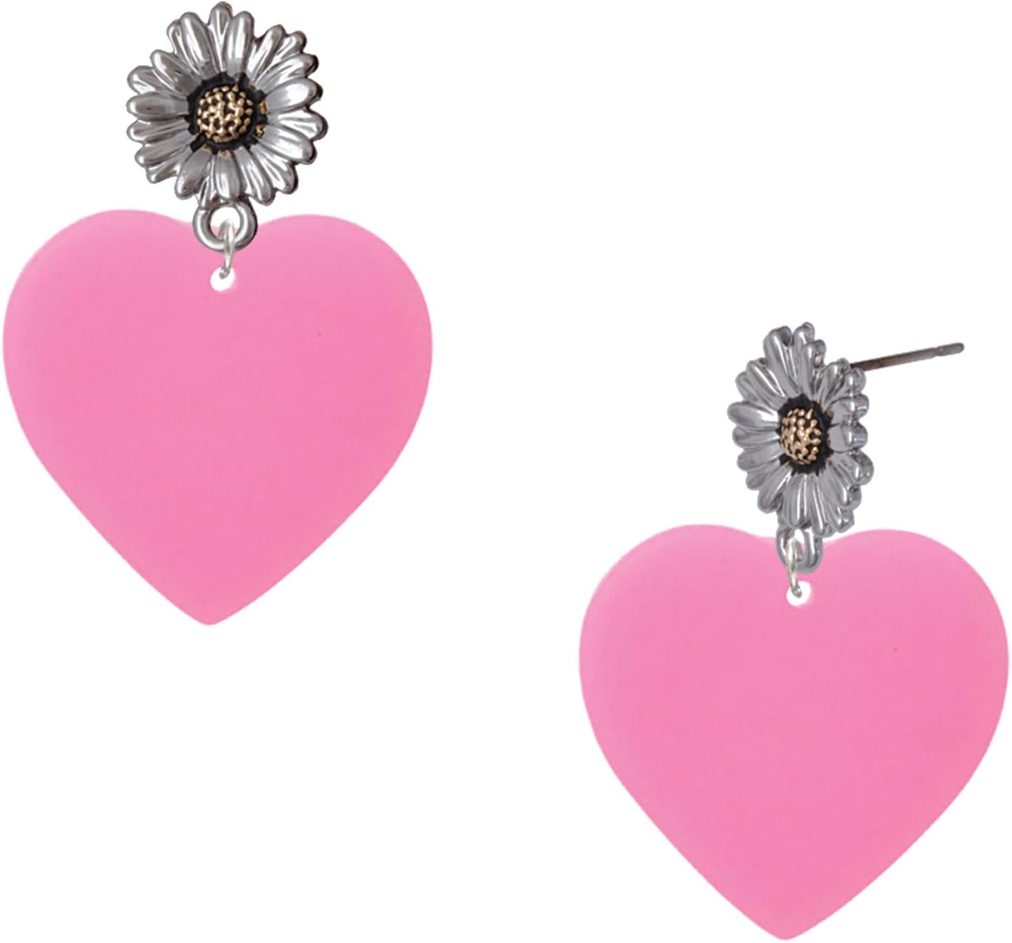 Delight Jewelry Acrylic Large Heart Two-tone Daisy Flower Post Earrings