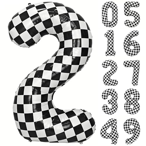 40In Black White Checkered Number 2 Balloon Race Car Digital Foil 2 Balloon