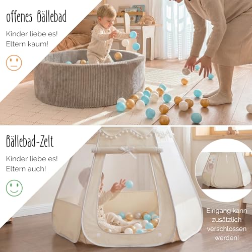 LIONHERZ® DAS ORIGINAL 2in1 Bällebad-Spielzelt für Kinder aus Baumwolle/Hanf [115x93cm] Pop-up Kinderzelt [faltbar & atmungsaktiv] Baby Ballzelt & Spielhaus Indoor | Jungen & Mädchen (Cremeweiß)