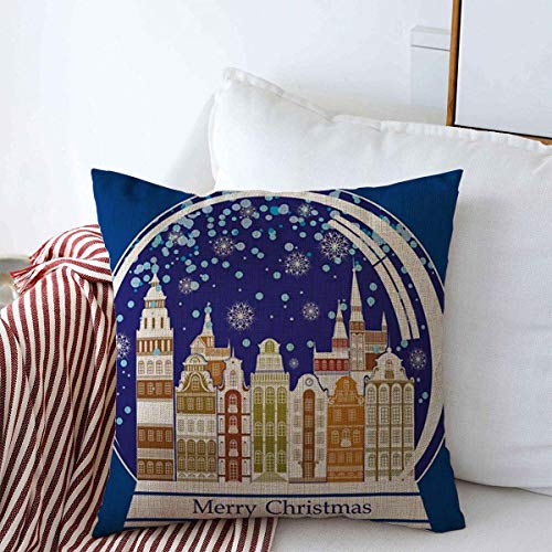 Decoraive Throw Pillow Covers Eve Blue Ball Christmas Snow Globe Town Within Christal Augur Holidays Base Blizzard Cap City Design Cushion Case Cotton Linen for Sofa Couch, 16 x 16 Inches
