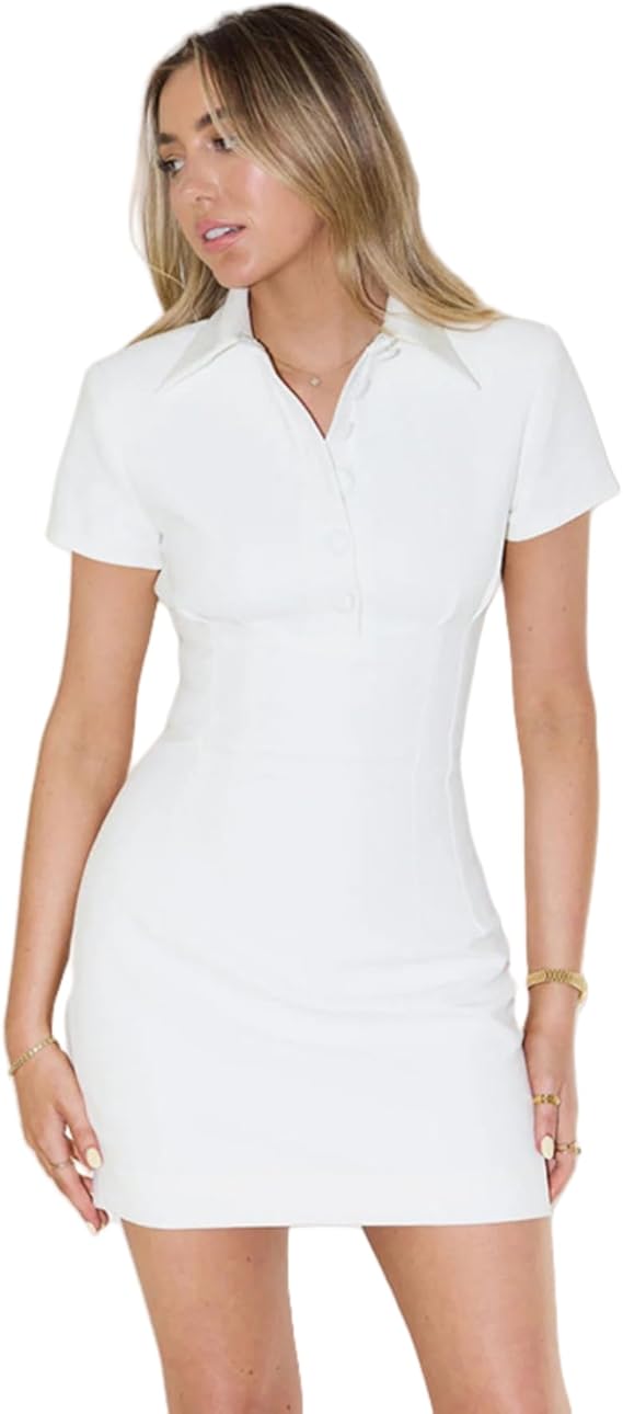 ワンピース Short Sleeve Polo Mini Dress M Amazon.com: AMPOSSTO Women's Sexy Button Short Sleeve Tummy