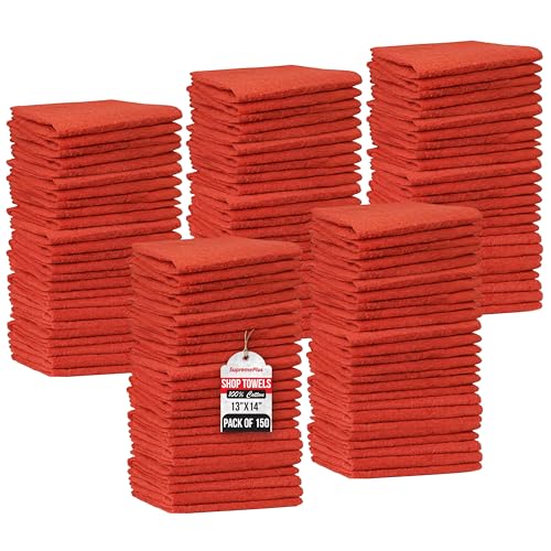SupremePlus Premium Red 100% Cotton Shop Rags Bulk, 150 Pack, 13”x14”, Reusable & Lint Free Shop Towels, Commercial-Grade Cleaning Shop Cloths for Oil, Grease, Garage, Workshop, Industrial & Home Use