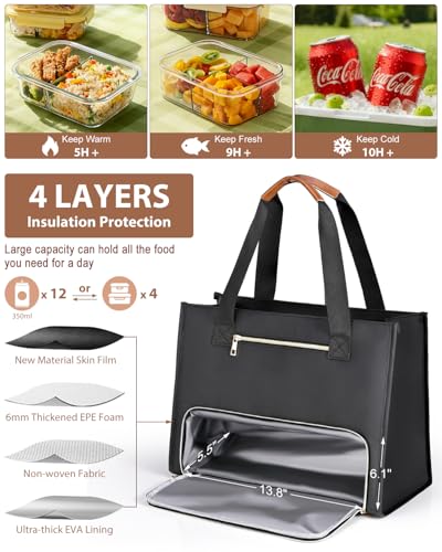 Bnlcd Lunch Tote Bag for Women - 15.6 Inch Laptop Work Bag with Insulated Lunch Compartment - Large Capacity Quilted Computer Handbag - Leakproof Lunch Box for Women Adults, Black - image 3