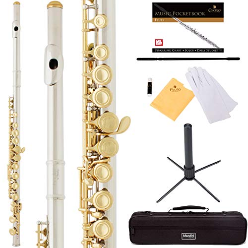 Mendini by Cecilio Premium Grade Closed Hole C Flute with Stand, Book, Deluxe Case and Warranty-Silver Nickel with Gold Keys, MFE-JNG+SD+PB