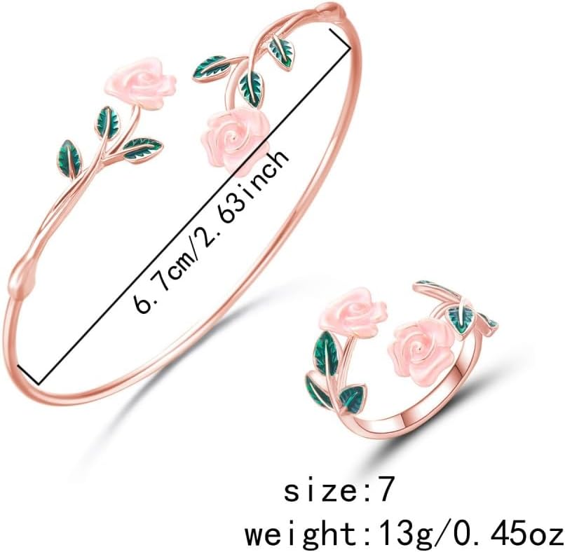 Dtja Vintage Rose Flower Bangle Cuff Bracelet Red Floral Statement Expandable Adjustable Ring for Women Antique Tribal Theme Green Leaf Jewelry for Valentine Christmas Holiday 2 Piece Set - Image 6