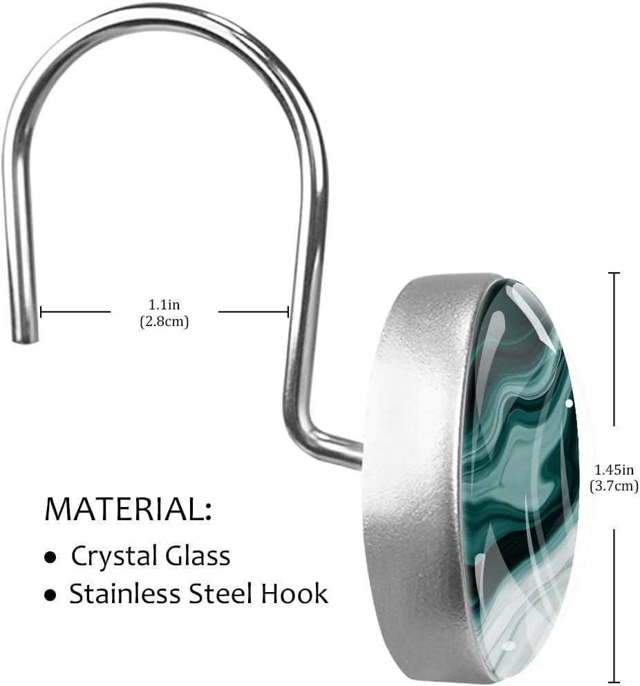 12 Pcs Shower Curtain Hooks, White and Teal Marble Rustproof Decorative Metal Round Shower Curtain Hangers Rings for Bathroom Bedroom Living Room Rods