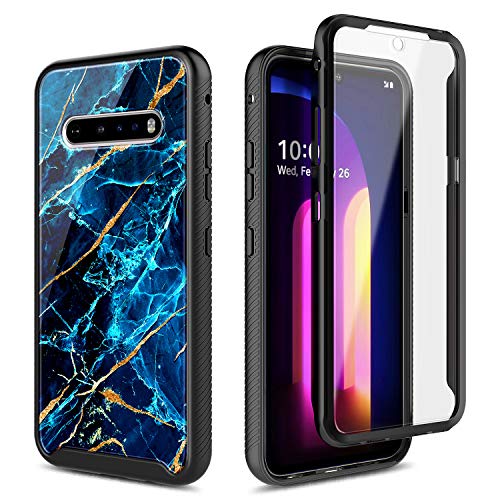 E-Began Case Compatible For Lg V60 Thinq With [Built-In Screen Protector], Full-Body Shockproof Protective Rugged Bumper Cover, Impact Resist Durable Phone Case -Marble Design Sapphire #TOP1