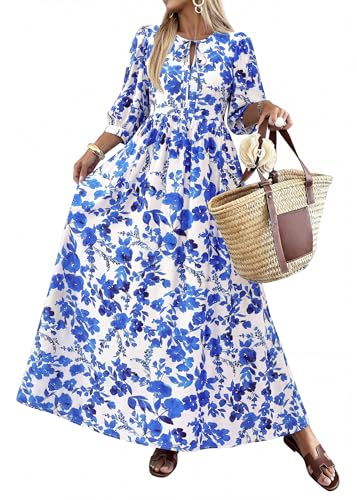 Image of KIRUNDO Maxi Dresses for Women 2026 3 /4 Sleeve Summer Dress | Spring Boho Floral, Drawstring Tie Neck, Loose Fit, Elastic Waist, Pockets, Wedding Guest, Beach Vacation Flowy Long Dress