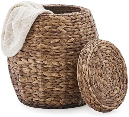 Round Wicker Basket with Lid, Handwoven Water Hyacinth Storage Ba...
