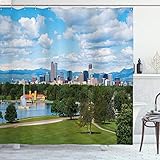 Ambesonne Urban Shower Curtain, City Park at Denver Colorado Downtown Tree and Architecture Sunny Panorama, Cloth Fabric Bathroom Decor Set with Hooks, 69' W x 70' L, Sky Blue Fern Green