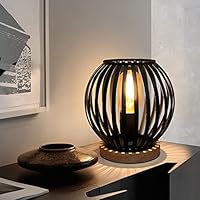 HHMTAKA Metal Cage LED Bedside Table Lamp Wooden Base Desk Lamp 19cm High Decorative Bedside Lamp with Edison Bulb for Bedroom Living Room Guest Room Weddings Parties Patio(Circle Shape)