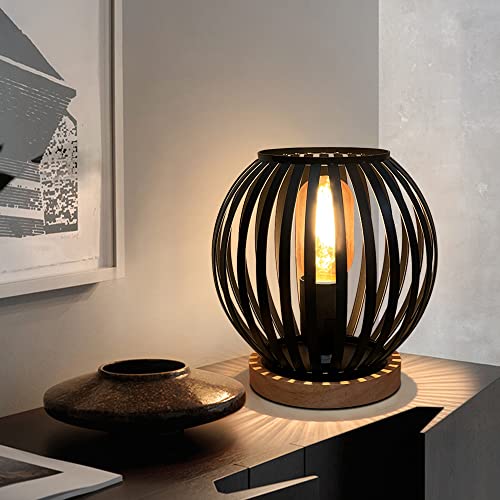 HHMTAKA Metal Cage LED Bedside Table Lamp Wooden Base Desk Lamp 19cm High Decorative Bedside Lamp with Edison Bulb for Bedroom Living Room Guest Room Weddings Parties Patio(Circle Shape)