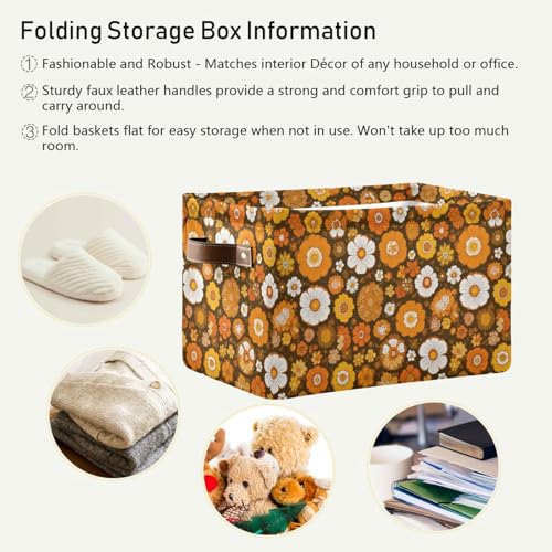 Image of Aslsiy Storage Basket Orange 60s 70s Style Nursery Bins Retro Floral Baby Box Canvas Clothes Shelf Basket Laundry Hamper Gift Baskets for Home Closet 1 Pcs