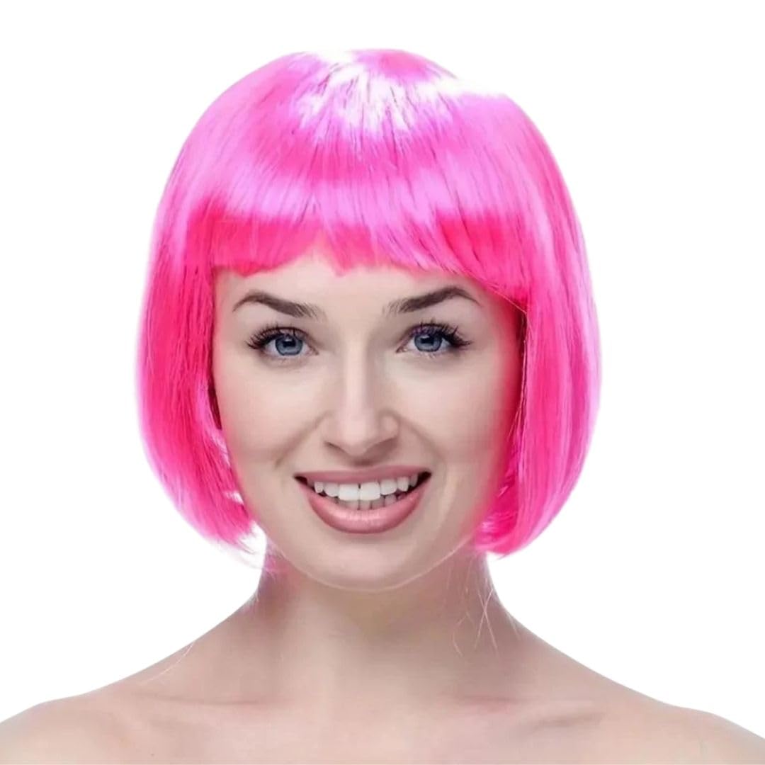 Wanna Party Pink Bob With Bangs - Short Blunt Cut Lavender Straight Hair Wig for Women - Halloween Cosplay Party