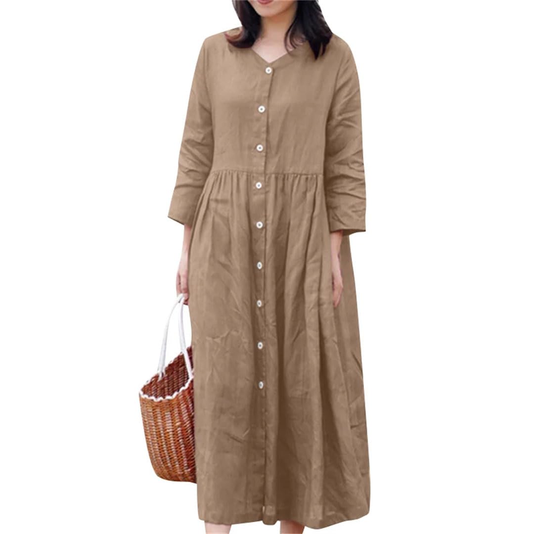 Vestido camisero de manga 3/4 para mujer, vestido de verano liso, vestido de trabajo, vestido midi caftán con botones