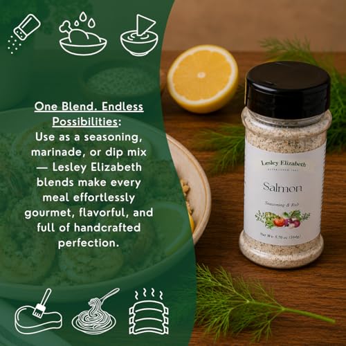 Image of Lesley Elizabeth Salmon Seasoning & Rub - Gourmet Seafood Spice Blend for Grilled, Baked & Pan-Seared Salmon, Trout & Fish - Lemon, Dill & Garlic Flavor - All-Natural, Small Batch, 8.4 oz
