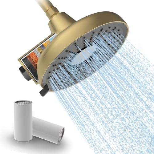 Filtered Shower Head High Pressure 8 Inch with Removable Chlorine Filter - Hard Water Rain Showerhead for Bathroom, Soft Skin & Hair Care - Fixed Wall Mount,3 Rainfall Spray Modes, Brushed Gold