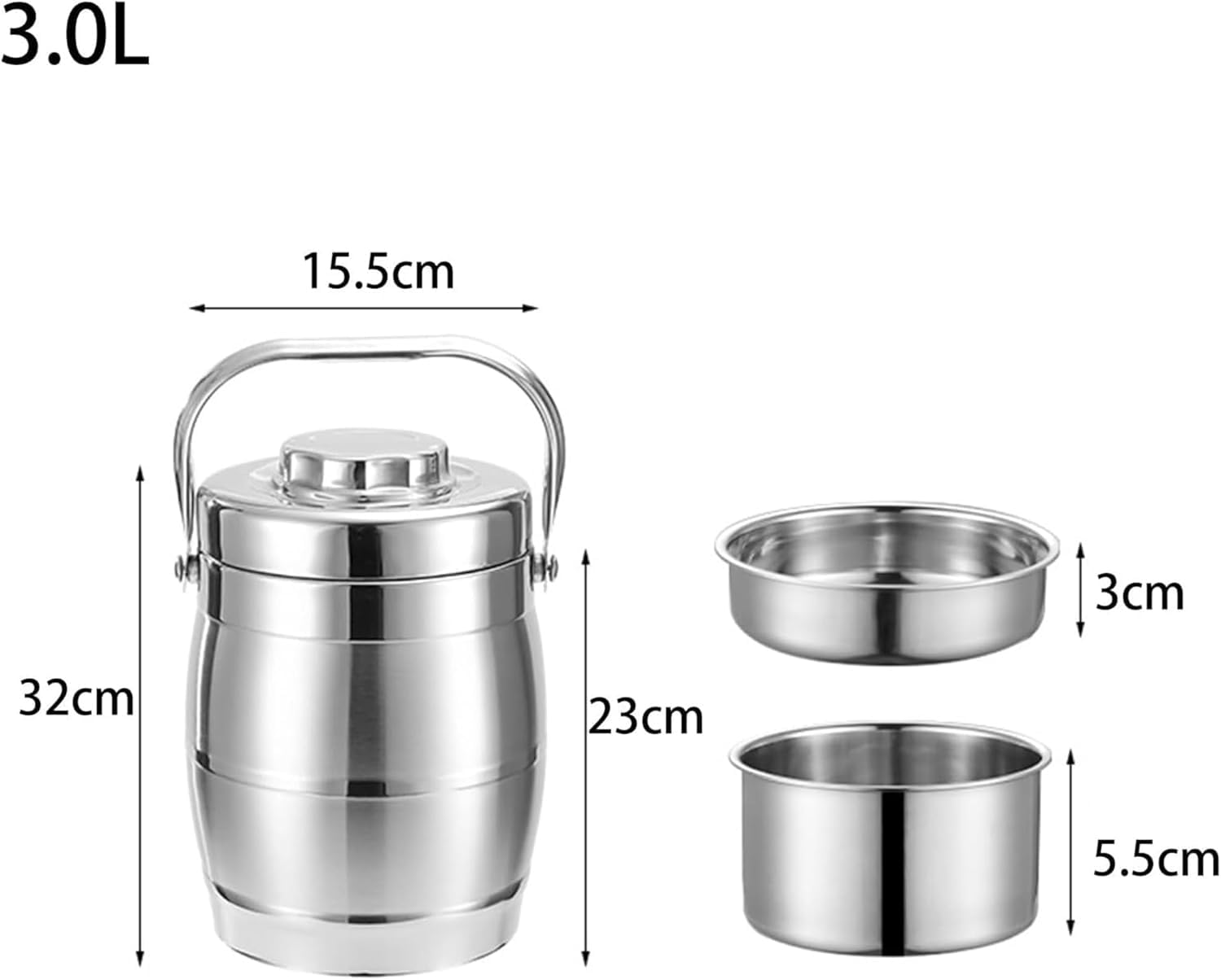 Thermobehälter aus Edelstahl, 3-stöckig, stapelbar, Lunchbox mit Fächern für Reis und Gemüse, 3,0 l Fassungsvermögen, 32 cm Höhe