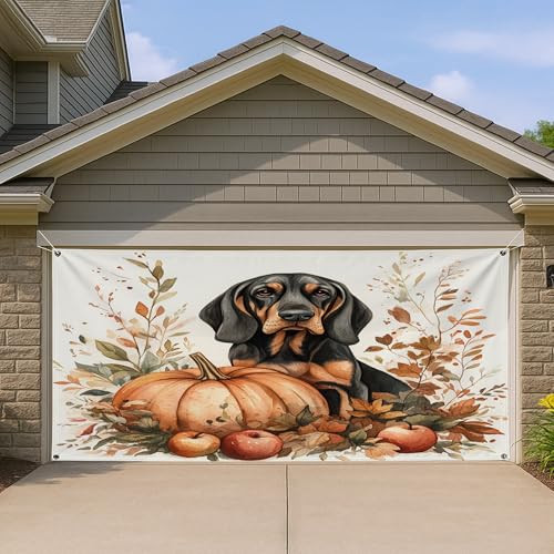 Cubierta para puerta de garaje de cosecha de otoño, perro negro y calabaza, decoración rústica de otoño, Halloween al aire libre y decoración de Acción de Gracias, 157 x 71 pulgadas