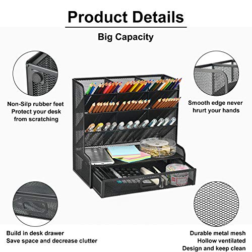 Mesh Desk Organizer for School, Home, Office - Black Mesh Pen Holder with Drawer