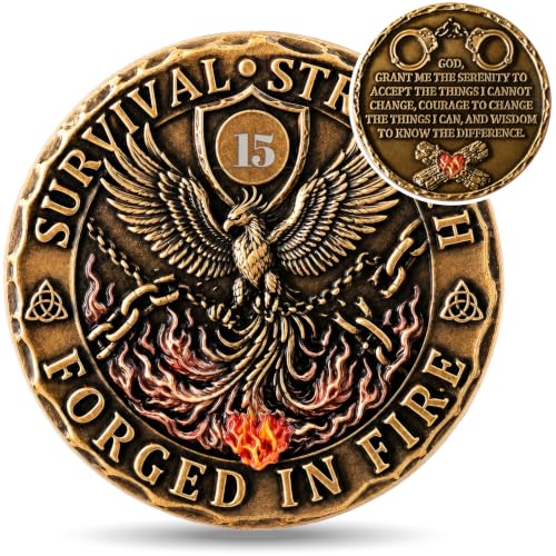 EXY 15 Year Sobriety Coin | Fire-Forged Phoenix Design | 3D Texture AA NA Medallions & Recovery Chips | Anniversary Sobriety Gift Set with Token Capsule, Stand & Card for Men Women
