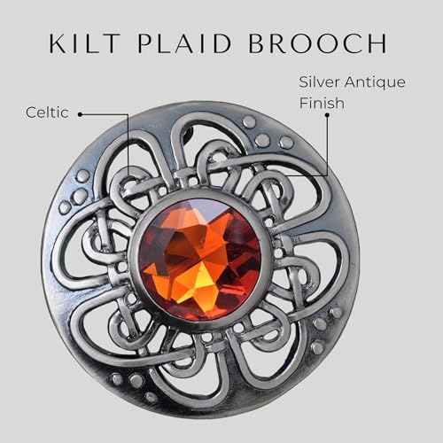 Image of Elegant Culloden Plaid Brooch - Scottish Kilt Fly Plaid Brooch Intricate Celtic Knot in Pewter with Gemstone 3-Inch Diameter - Ideal for Scottish Kilts & Formal Wear