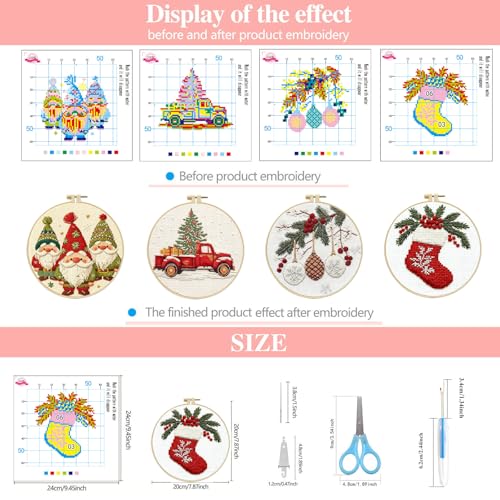 Image of Zhenqing 11CT Stamped Cross Stitch Kit for Adults Beginners, Hand Embroidery Christmas Ornaments with Hoops and Instructions - Four-Piece Stocking Set (68448)