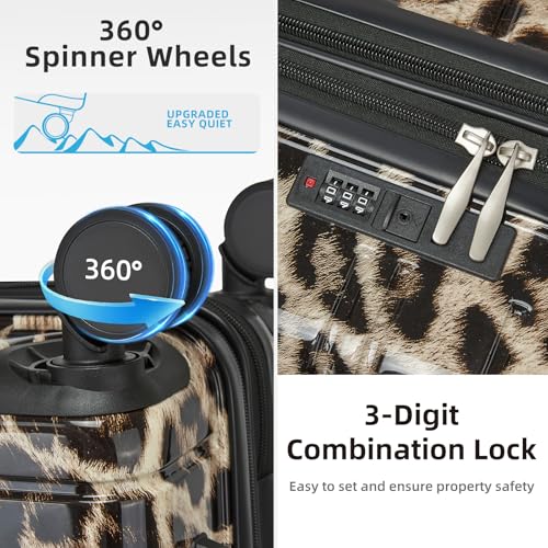 LARVENDER Luggage Sets 5 Piece Hardside Expandable Suitcase with Wheels Lock,PC+ABS Hardside Lightweight Rolling Suitcase for Women and Men,Cheetah4