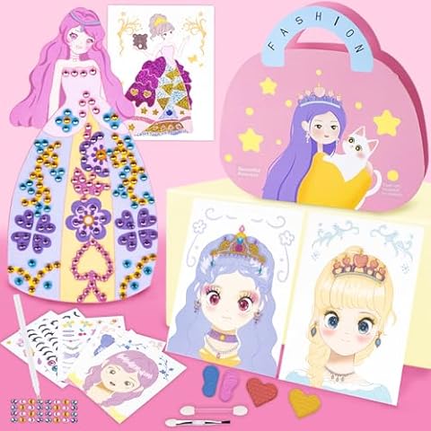 MOZOK 4 in 1 Princess Makeup Game Set, Sticker Making Diamond Art Dressing Foil Paper Play Books, Paper Dress up DIY Game Set Girls Travel Toys Birthday Gift for Kids Ages 3 4 5 6 7 8 9 Years Old Cover