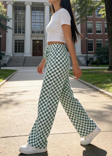 Image of Women's Casual Checkered Pants Drawstring Elastic Waist Comfy Loose Straight Wide Leg Plaid Pants with Pockets