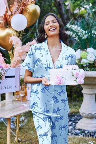 Image of Ekouaer 2 Piece Satin Short Sleeve Pajamas Set Button Down Sleepwear | Soft Pjs Set Classic Loungewear for Wedding, Party, Home, Daily Wear, Date Nights