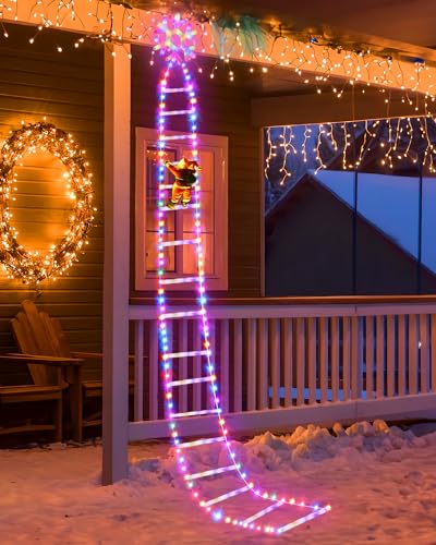 UBTKEY Outdoor Christmas Decorations, Decorative Ladder Lights with Climbing Santa Claus on Ladder for Christmas Outside Window Yard Tree Decorations (10ft, Multicolor)