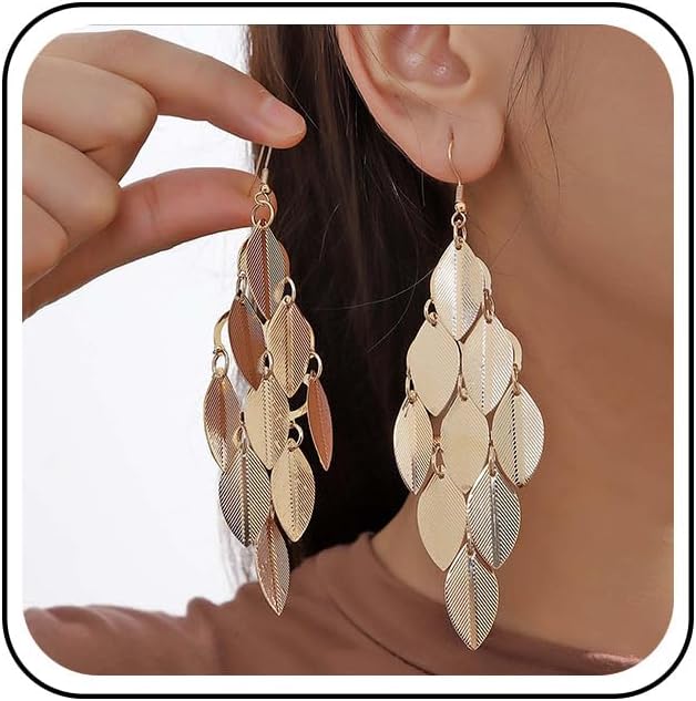 Andelaisi Punk Chandelier Leaf Earrings Long Leaf Chandelier Earrings Exaggerated Metal Leaf Drop Earrings Leaf Statement Earrings Chunky Stacking Leaf Dangle Earrings Jewelry for Women