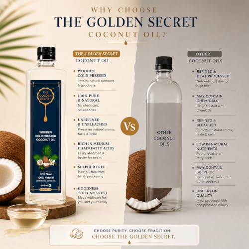 Image of The Golden Secret Kacchi Ghani Wooden Cold Pressed Coconut Oil 1 Litre (Pack of 2) | Pure Coconut Oil | Cold Pressed Oil | Edible Grade | Rich in Natural MCTs & Lauric Acid | For Hair Care, Skin Care, Body Massage, Oil Pulling & Cooking | Sulphur free