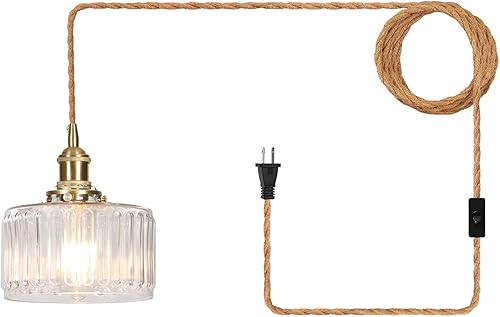 Miniatura 5 de ROBAUN Lámpara colgante enchufable, lámpara de pantalla de vidrio con cable de enchufe e interruptor de encendidoapagado, iluminación colgante