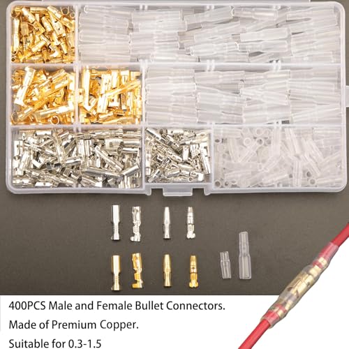 Image of 400PCS 3.9mm Bullet Connectors Male and Female, Brass Bullet Terminal Connectors with Insulation Sleeve, Crimp Terminal Connectors Automotive Electrical Connectors Motorcycle Connector Kit