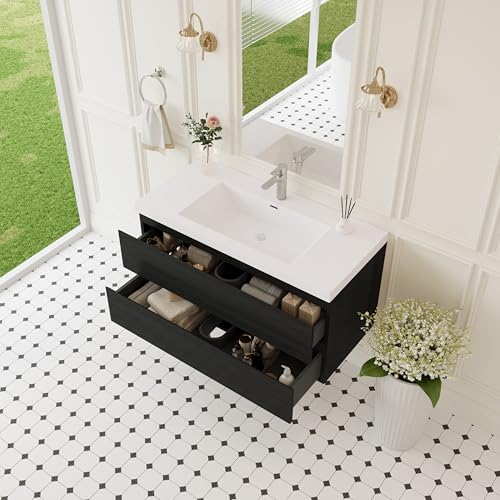 Image of KEIKI 42 inch Floating Bathroom Vanity with Sink, Pre-Assembled Wall-Mounted Vanity with Solid Surface Basin, Soft-Close Drawers, Modern Space-Saving Bathroom Cabinet, Black