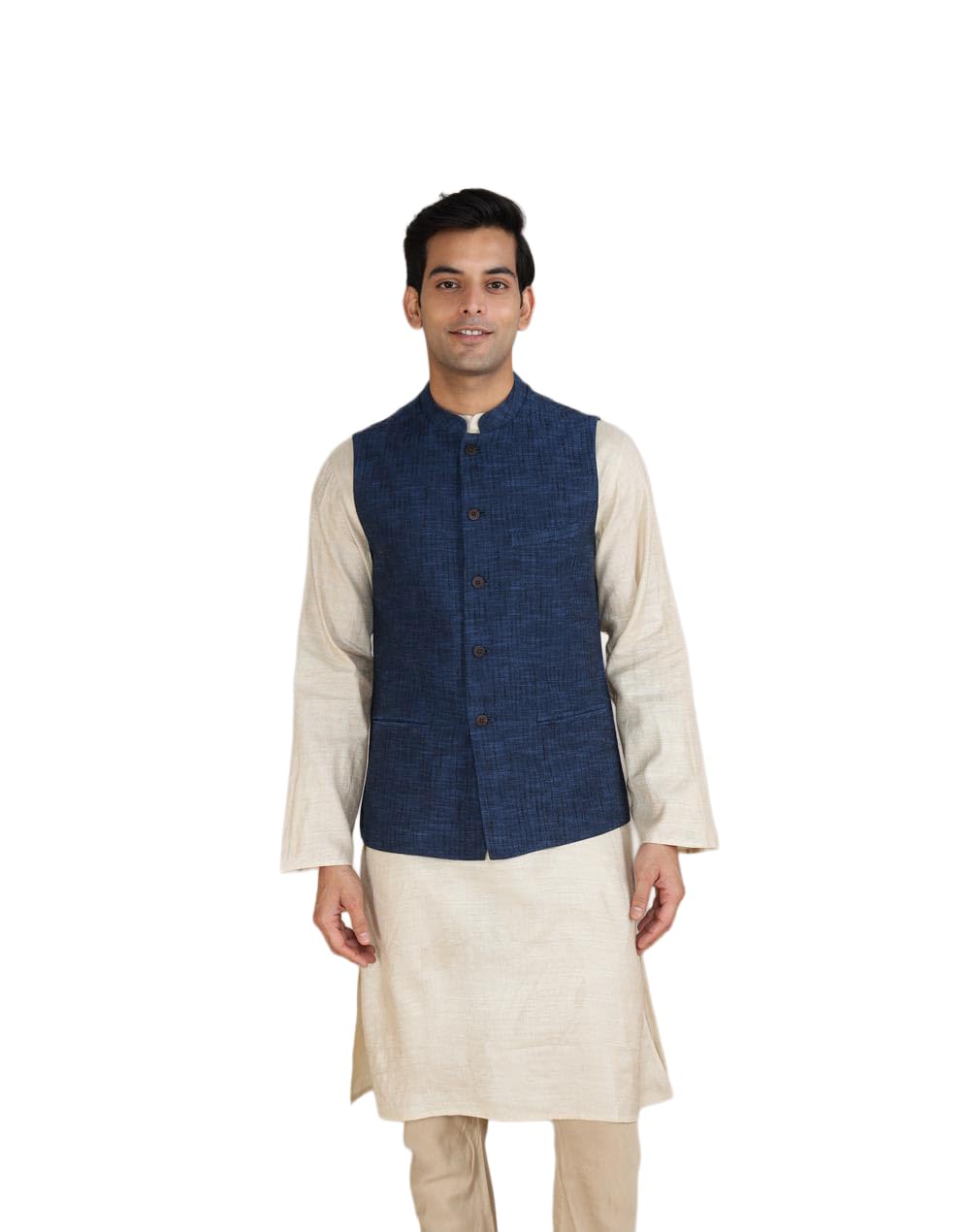 fabindia Blue Cotton Dobby Slim Fit Nehru Jacket-picture-30