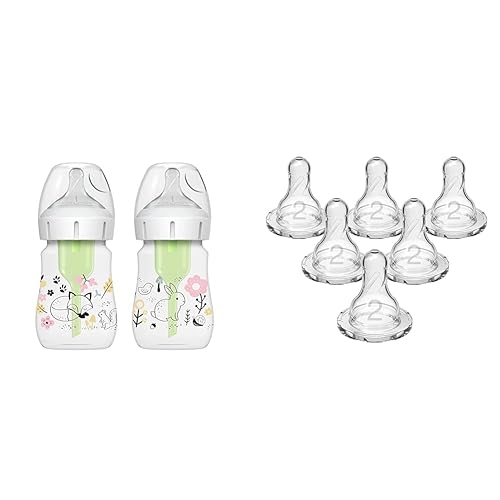Dr. Brown's Anti-Colic Options+ Biberones de cuello ancho, decoraciones de bosque, paquete de 2 pezones de nivel 1 y pezón estrecho nivel 2, paquete