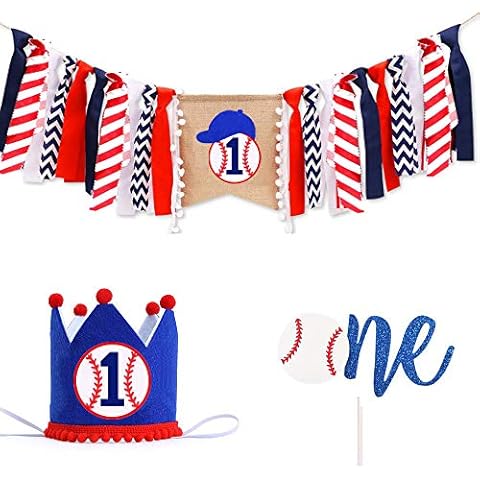 1st Birthday Decoration High Chair One Banner, Handmade Baseball First Birthday Party Supplies Burlap Highchair Banner and One Cake Topper One Hat,1st Birthday Banner For Baby Shower Cover