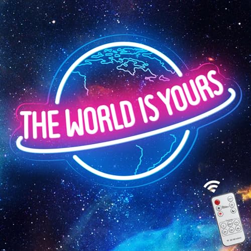 Image of The World is Yours Neon Sign with Remote Dimmer, Ice Blue Pink Planet LED Neon Light Lamp for Wall Decor, Man Cave Home Bar Game Room Bedroom Birthday Gift Graduation Party