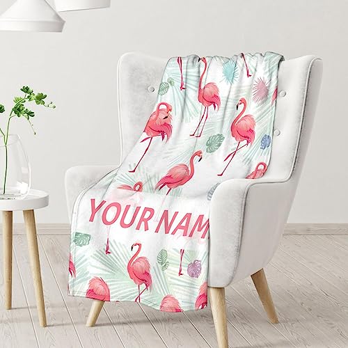 Personalized Flamingo Blanket Gifts with Name - 60x80 Inches Cute Throw for Women & Girls - Pink Soft Fuzzy Blankets for Bed, Couch & Living Room