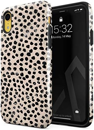 BURGA Phone Case Compatible with iPhone XR - Hybrid 2-Layer Hard Shell + Silicone Protective Case -Black Polka Dots Pattern Nude Almond Latte - Scratch-Resistant Shockproof Cover