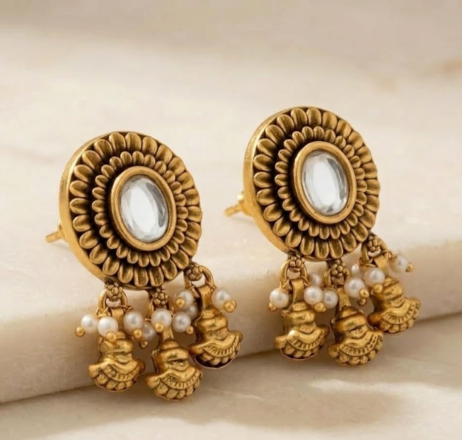 Image of Sayda JewelsGold Plated Antique Traditional Jhumka Earring Indian ethnic Temple design studs Chandbali Style Bridal, Wedding & Festive Jewellery For Women & Girls