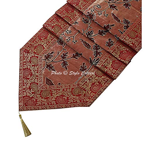 Image of Maroon & Coffee Table Runner for Center Table Long Ari Zari Embroidered Banarasi Indian Satin Decorative 6 Feet Runner Up with Tassels Dining Tablecloth Overlay