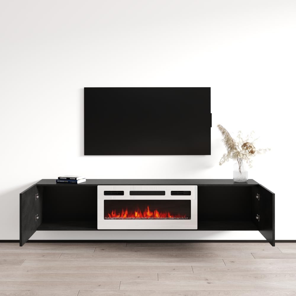 Meble Furniture Baja WH-EF Floating Fireplace TV Stand — Electric Fireplace with Multicolor Flames — Matte Finish, 70.9" W x 15.7" D x 23.6" H — Dark Concrete
