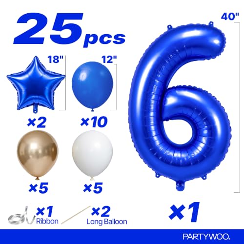 Image of PartyWoo Royal Blue Number 6 Balloon 40 Inch 25pcs Blue Star White Gold