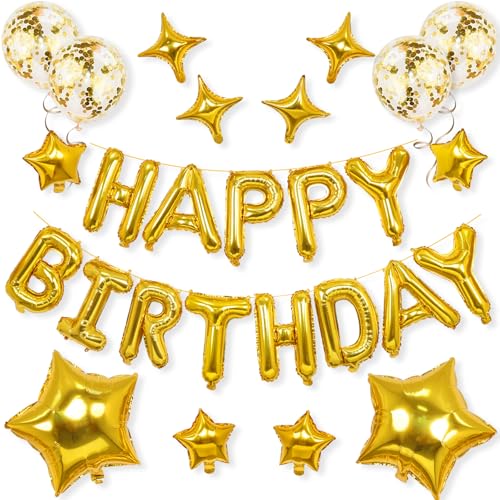 Happy Birthday Balloon, Gold Happy Birthday Decorations, 16 Inches Inflatable Mylar Foil Reusable Letter Birthday Banner with 14PCS Stars Balloons for Girls Boys Women Men Birthday Decorations