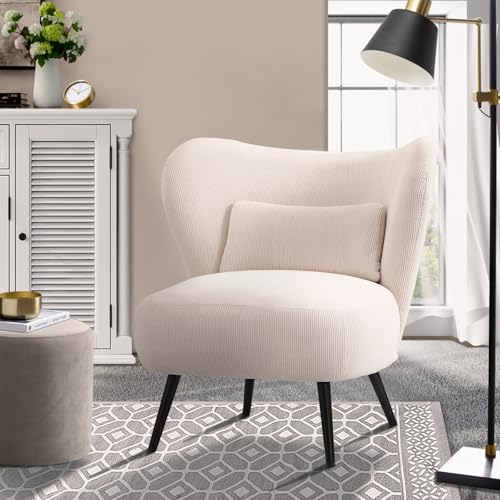 Oikiture Armchair with Wingback and Lumbar Pillow Velvet Lounge Chair Beige